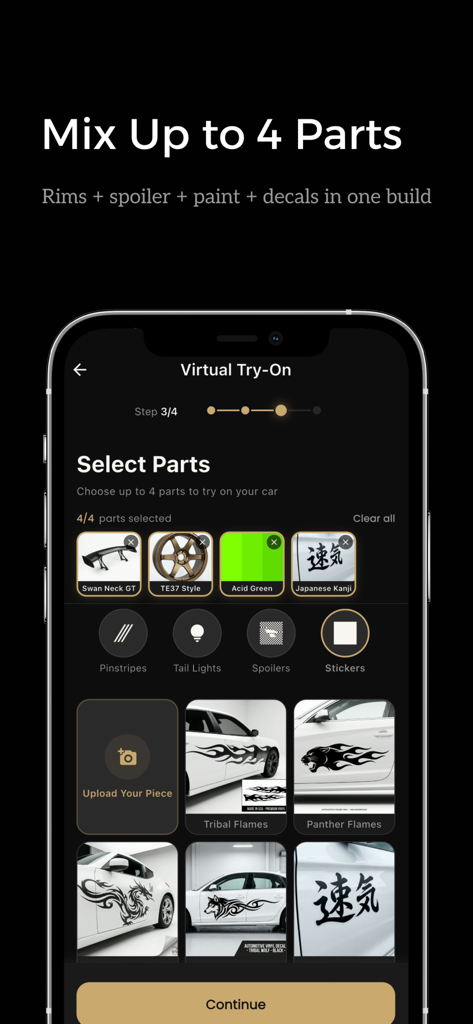 AutoMod app screen showing various car modification parts like wheels and decals