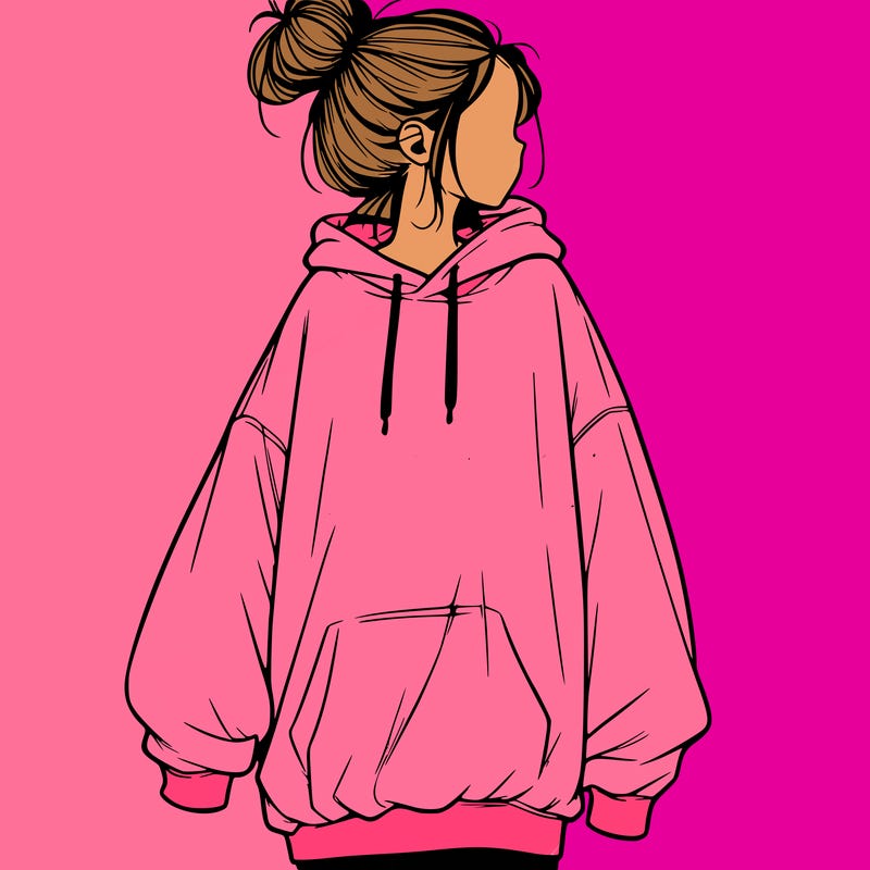 realistic girl with a oversized sweatshirt on and a bun