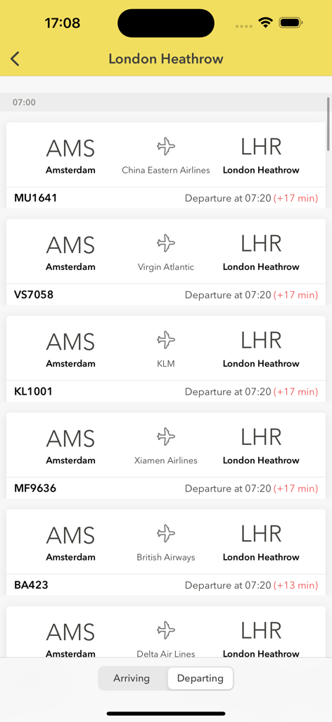 Schiphol app flight list showing departures from Amsterdam to London Heathrow with real time status