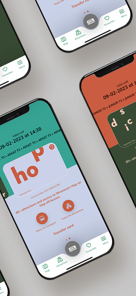 Copenhagen Card City Guide - Screenshot dell'app Copenhagen Card che mostra pass turistici digitali e opzioni di trasporto