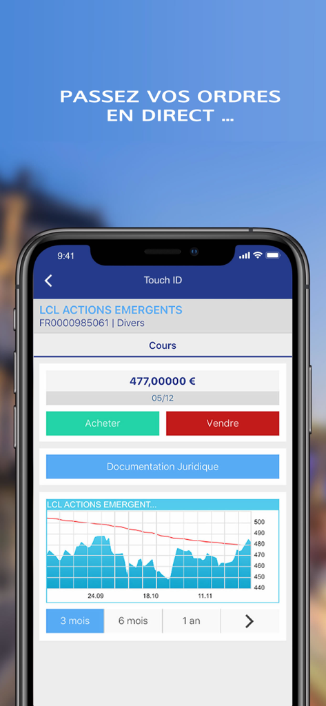 LCL Bourse - Écran de smartphone montrant l'interface de l'application LCL Bourse pour passer des ordres d'achat et de vente avec un graphique des cours des actions en temps réel.