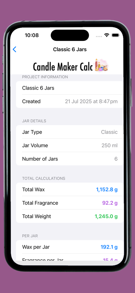 Screenshot of The Candle Maker Calculator app displaying a project summary with precise wax and fragrance oil measurements for six jars.