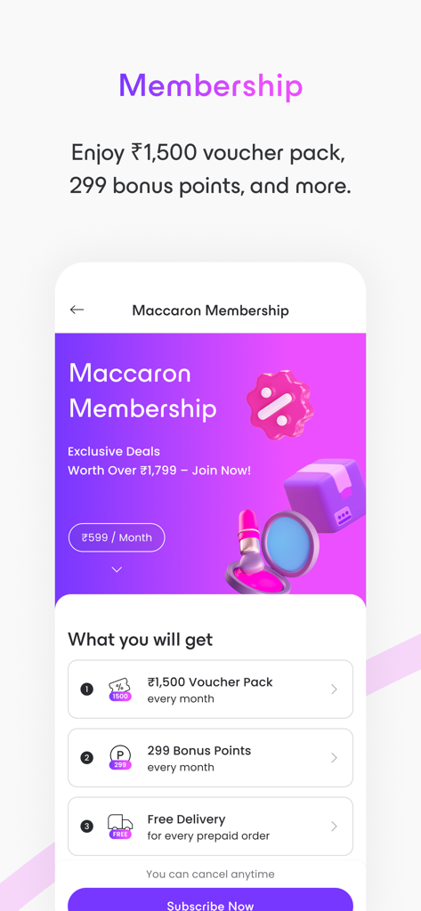 Maccaron skincare shopping - Interface de assinatura do aplicativo Maccaron mostrando benefícios de assinatura mensal incluindo vouchers e pontos bônus