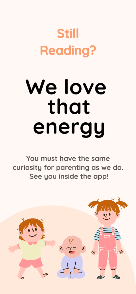 Closing screen for the Coozy baby tracker app featuring a supportive message for parents and cute illustrations of three young children.
