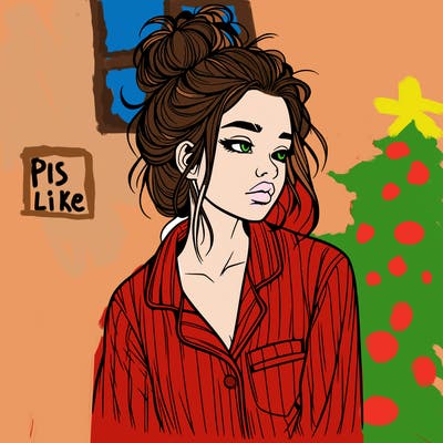 realistic woman with pajamas on and a messy bun