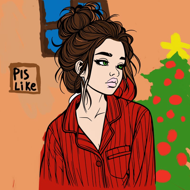realistic woman with pajamas on and a messy bun