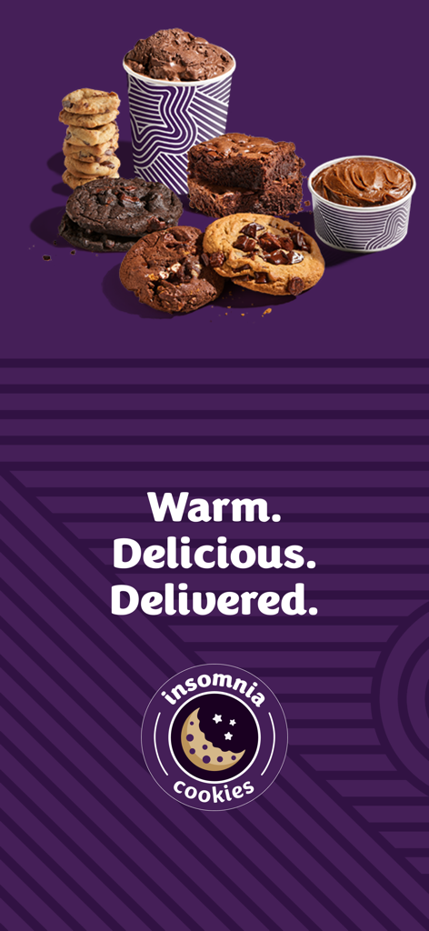 Insomnia Cookies - Surtido de galletas calientes y brownies con el lema "Caliente, Delicioso, Entregado" y el logotipo de Insomnia Cookies