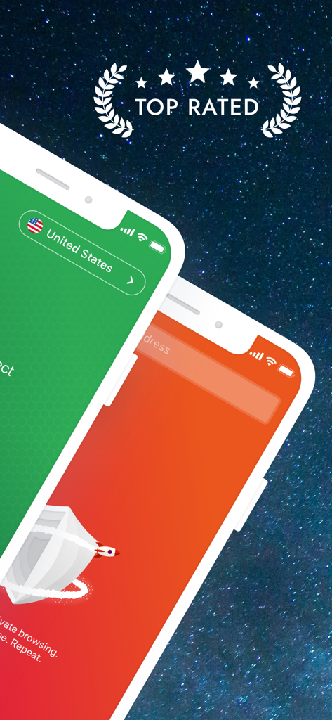 Pantallas de la aplicación Universe VPN y Navegador TOR mostrando conexión segura y selección de servidor