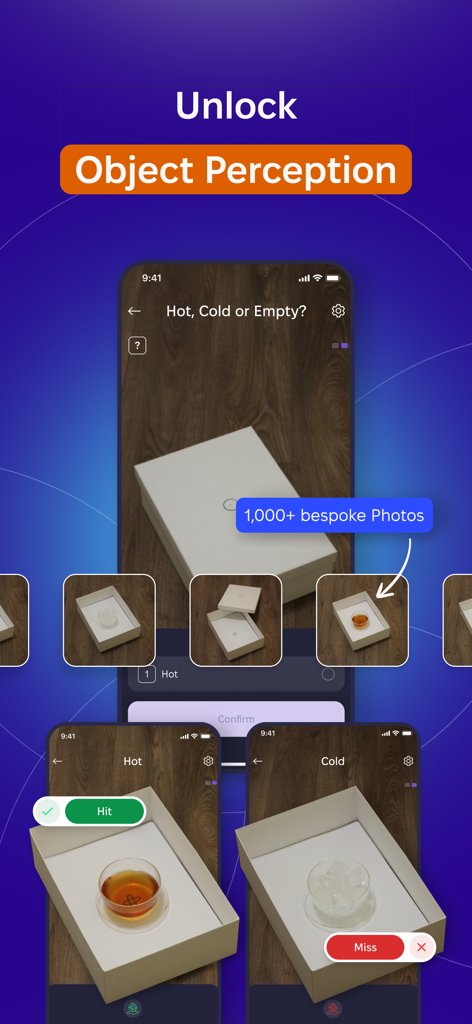 VEREVIO App-Oberfläche für ESP-Objektwahrnehmungstraining mit heißen und kalten Gegenständen in einer Box