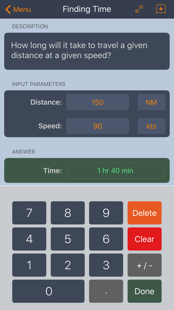 E6B Aviation Calculator - E6B Aviation Calculator app screen showing flight time calculation based on distance and speed