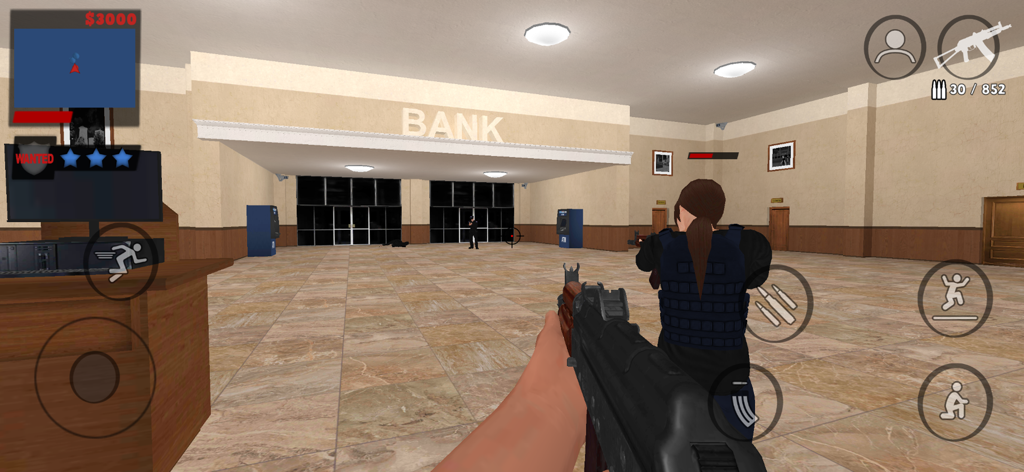 First person view of a bank robbery gameplay in Justice Rivals 3