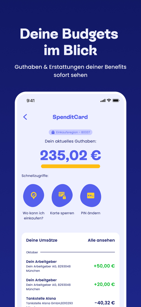 Spendit myBenefits mobile App-Bildschirm mit einem Kartenguthaben von 235 Euro und aktuellen Transaktionen