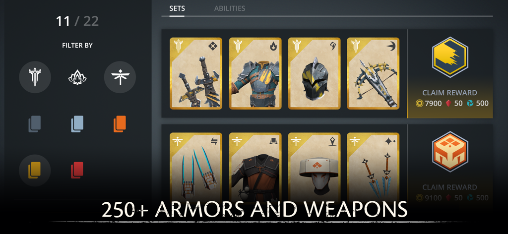 In-game menu of Shadow Fight 3 showing a collection of armor and weapon sets
