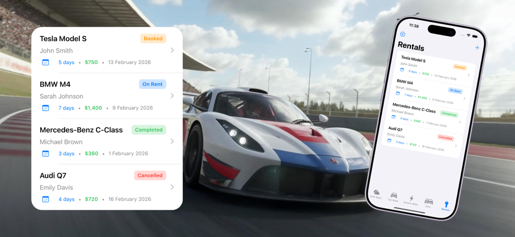Interfaccia dell'app mobile Drift Xtreme che mostra un elenco di noleggi auto e prenotazioni su uno sfondo di auto da corsa