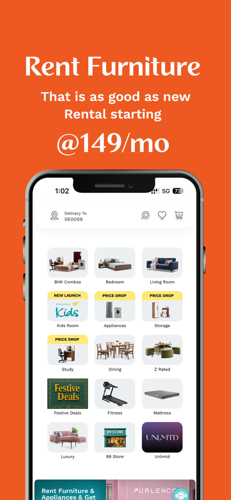 Furlenco - Interfaccia dell'app Furlenco che mostra varie categorie di noleggio mobili e prezzi di partenza
