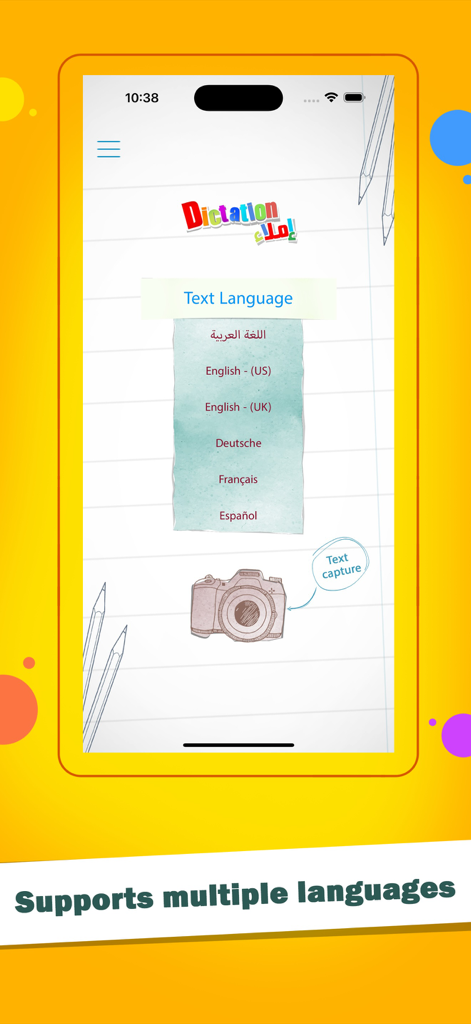 Dictation Master - Language selection screen in Dictation Master app showing support for English Arabic French and Spanish