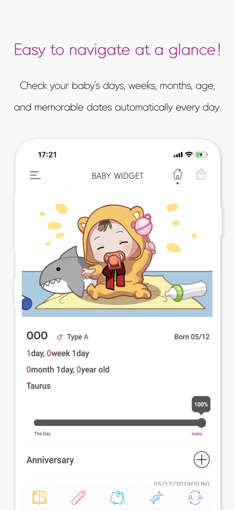 Baby Widget : Baby Tracker - Interfaz de la aplicación Baby Widget tracker que muestra los hitos de edad y una linda ilustración de bebé.