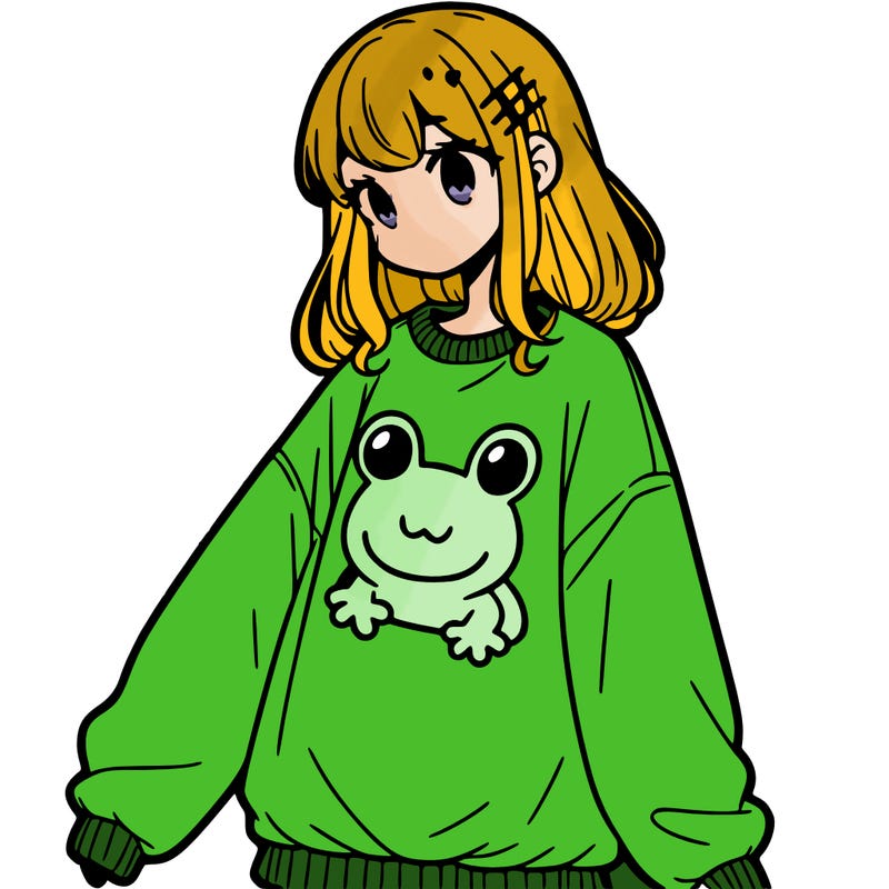 girl wearing frogging sweatshirt