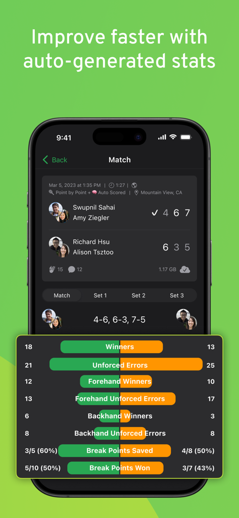 SwingVision app showing tennis match statistics and performance analysis