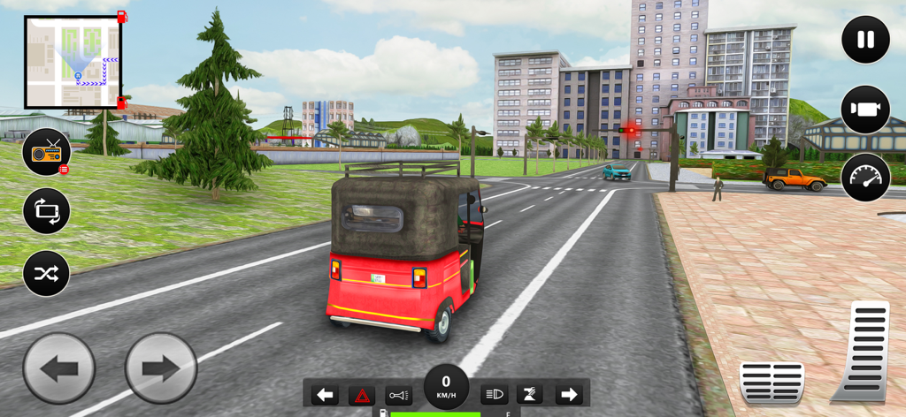 A red auto rickshaw driving through an urban city environment in a mobile simulation game
