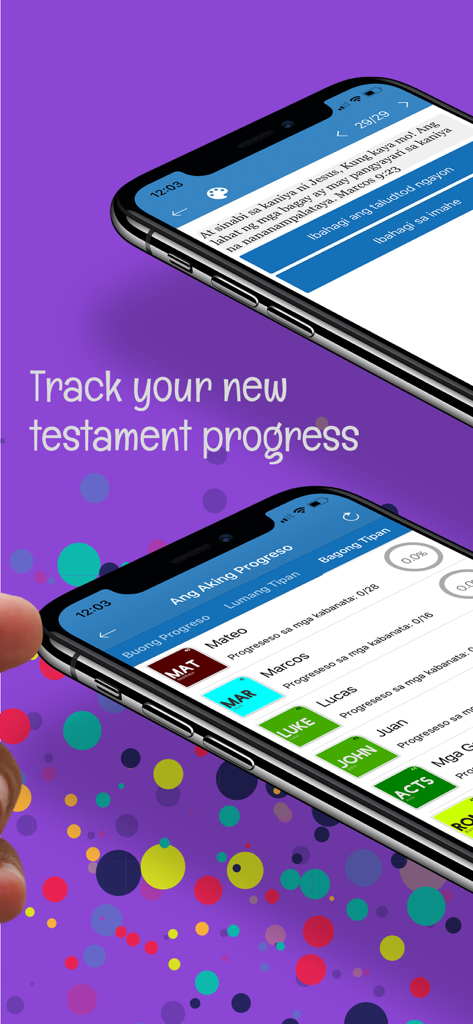 Tracking New Testament reading progress in the Ang Dating Biblia Tagalog Bible app.
