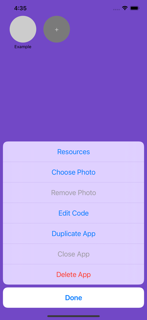 Menú de gestión de proyectos en App Designer con opciones para editar, duplicar o eliminar aplicaciones