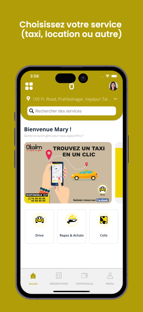 Okalm - Okalm app home screen with ride food and parcel delivery options
