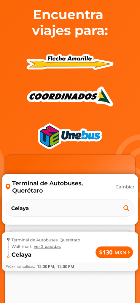 Interfaz de la aplicación Conecta GFA mostrando la búsqueda de rutas de autobús para Flecha Amarilla Coordinados y Unebus en México