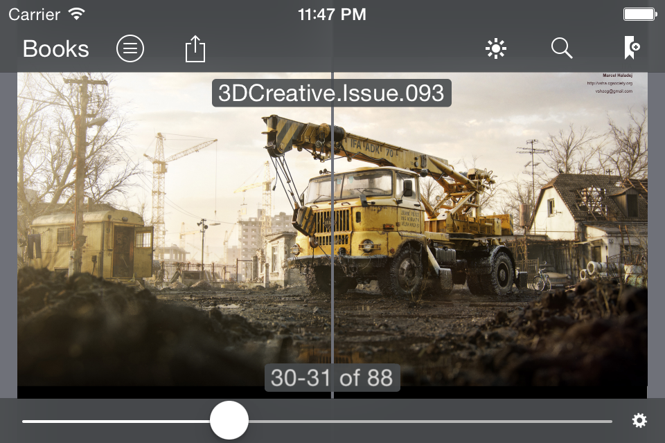 TotalReader for iPhone - The BEST eBook reader for epub, fb2, pdf, djvu, mobi, rtf, txt, chm, cbz, cbr - TotalReader app interface showing a double page magazine spread with navigation controls and a crane illustration