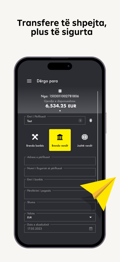 Raiffeisen Bank Kosovo Mobile - A smartphone displaying the money transfer interface of the Raiffeisen Bank Kosovo mobile app in dark mode