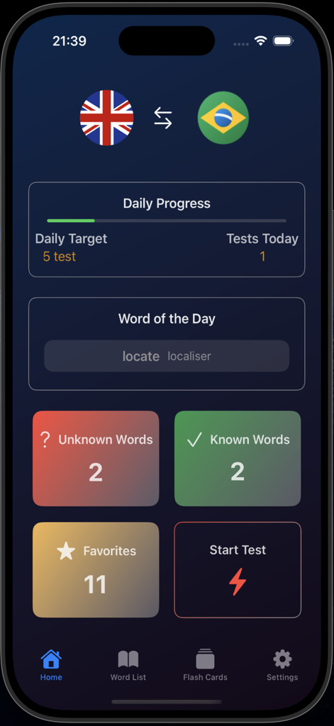 Brazilian Portuguese Verbs - Dashboard of the Brazilian Portuguese Verbs app showing daily learning progress and vocabulary statistics.