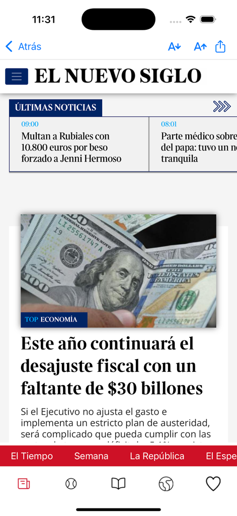 Periódicos de Colombia - Interfaz de la aplicación de noticias colombiana mostrando un artículo de El Nuevo Siglo sobre economía