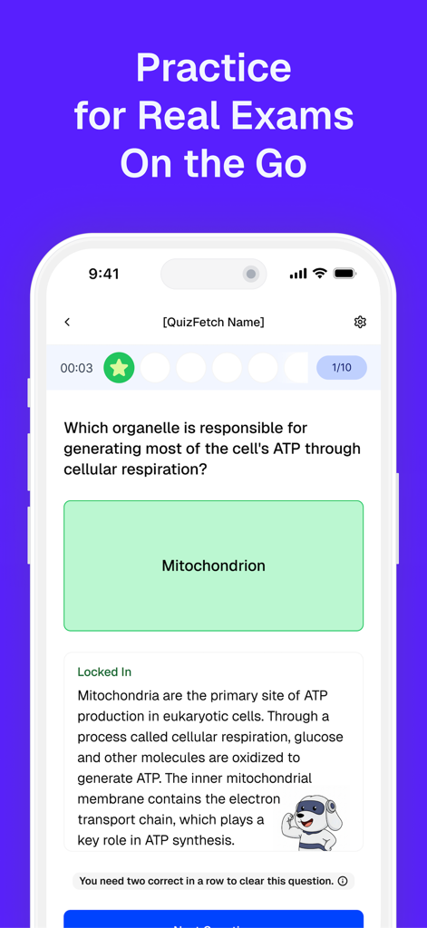 StudyFetch: Make Learning Easy - Interface do aplicativo móvel StudyFetch mostrando uma pergunta de quiz de biologia gerada por IA sobre mitocôndrias