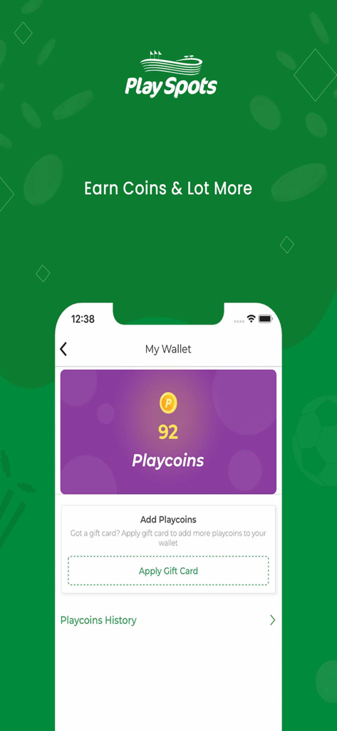 Playspots- Sports facilities - Playspots App-Oberfläche, die Meine Geldbörse mit Playcoins und Geschenkkartenoption anzeigt