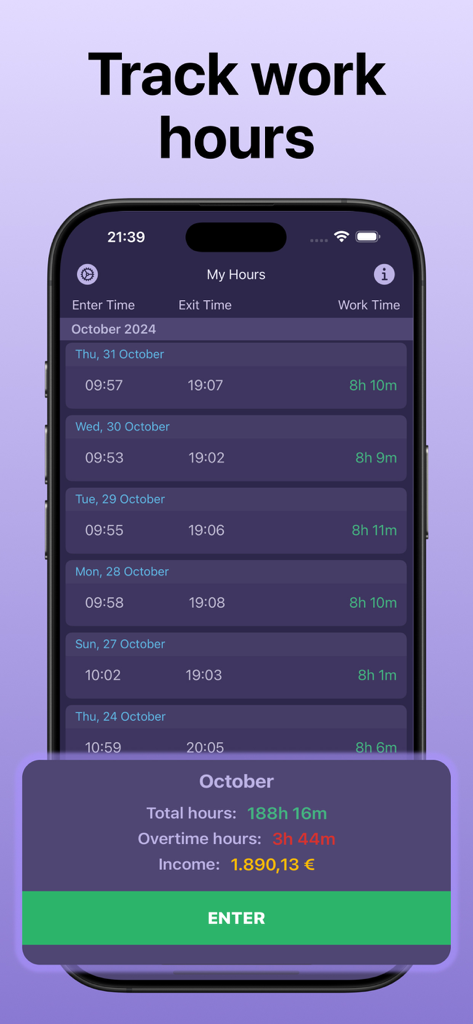 Shift Tracker: Work Hours Log - iPhone interface showing daily work hour logs, monthly total hours, overtime, and income summary in the Shift Tracker app.