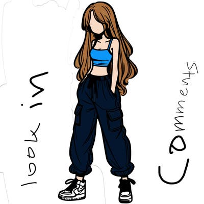 girl in baggy pants crop top and long hair