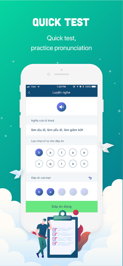 Una pantalla de prueba rápida en la aplicación VDict para practicar la pronunciación y la comprensión auditiva en inglés con un juego de ortografía de palabras