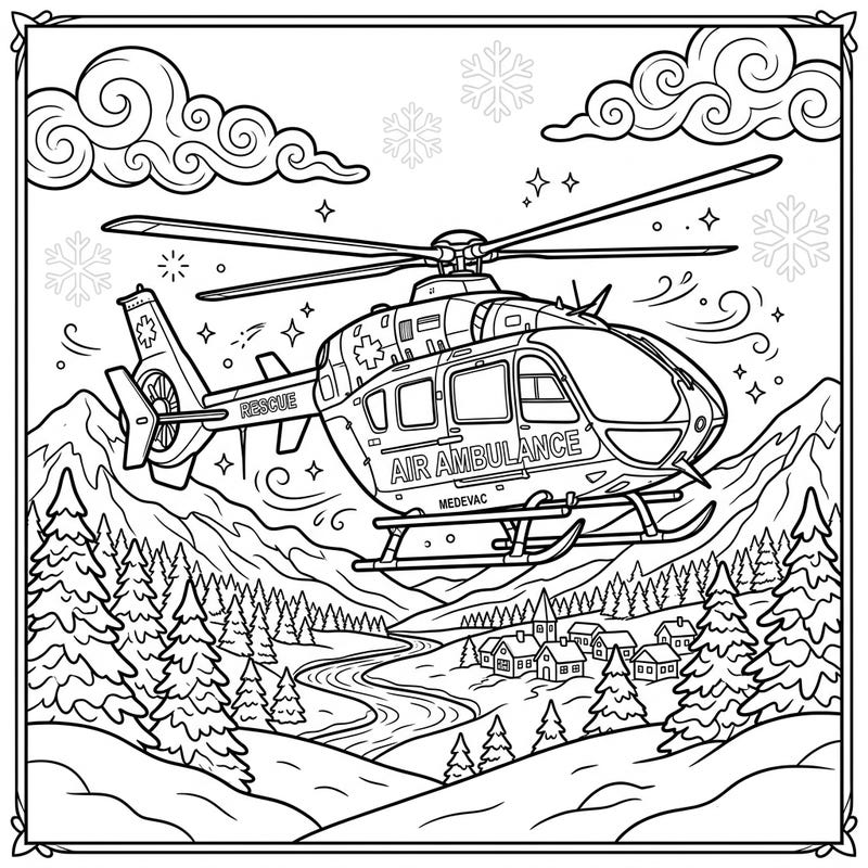 Experience the thrill of a high-flying rescue mission with this detailed Air Ambulance helicopter coloring page. Set against a serene winter wonderland, it's perfect for adventurers and art enthusiasts alike.