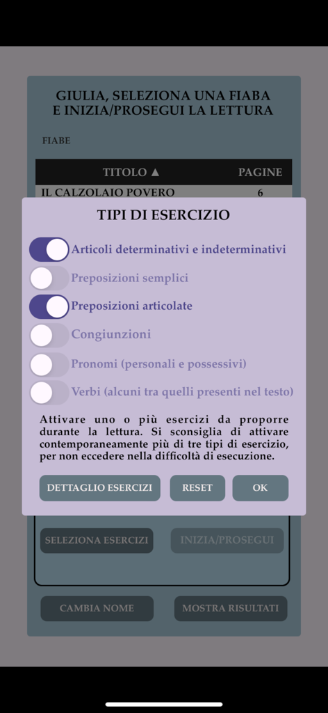 Quante Storie! - Menú de selección de ejercicios de gramática italiana que incluye artículos y preposiciones en la aplicación Quante Storie