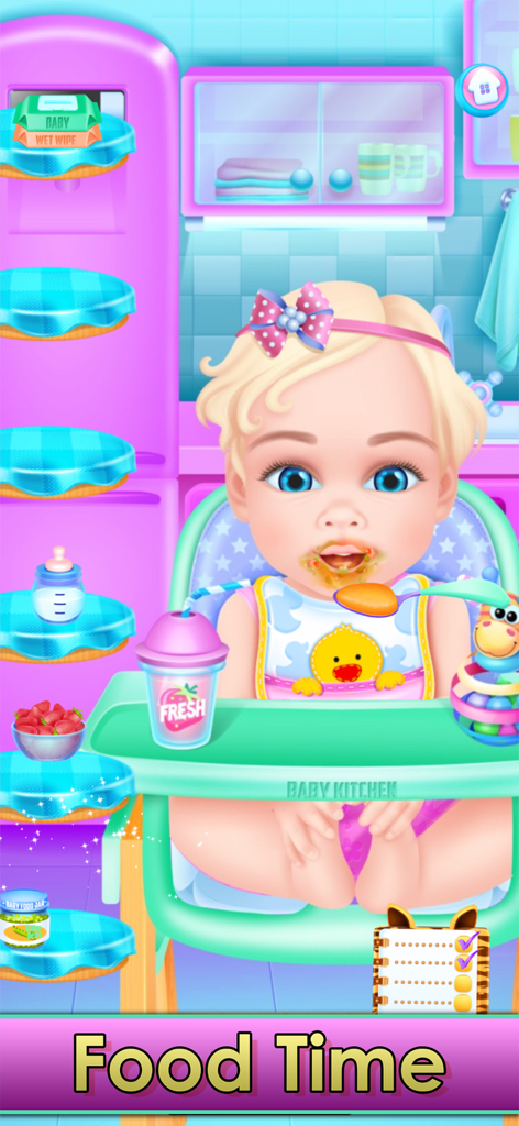 Baby & Family Simulator Games - 시뮬레이터 게임의 식사 시간 레벨 중 화려한 분홍색 주방에서 청록색 유아용 식탁 의자에 앉아 밥을 먹고 있는 아기