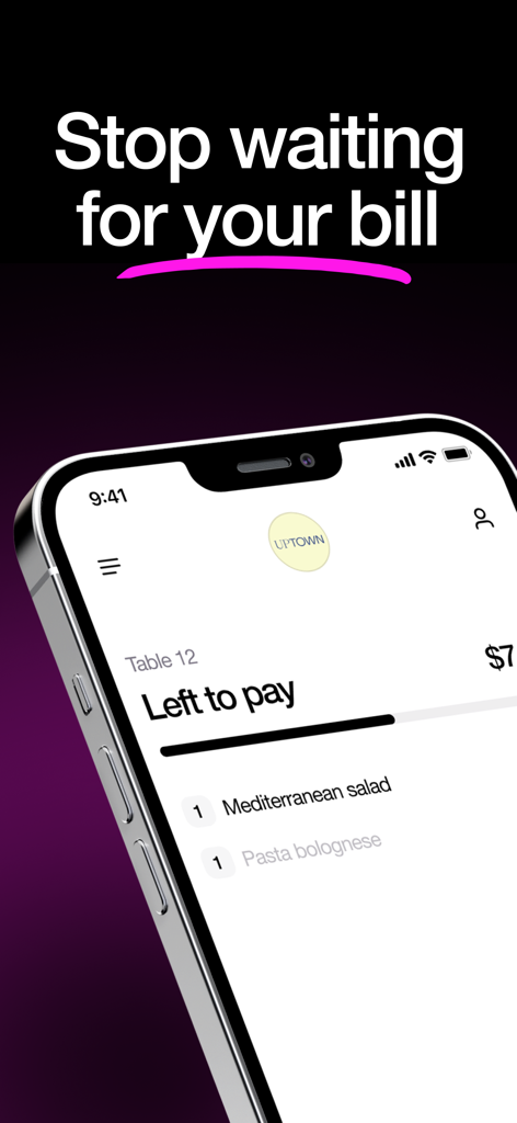 sunday - Pay in restaurants - Smartphone showing the sunday app interface with the headline Stop waiting for your bill and a list of ordered food items