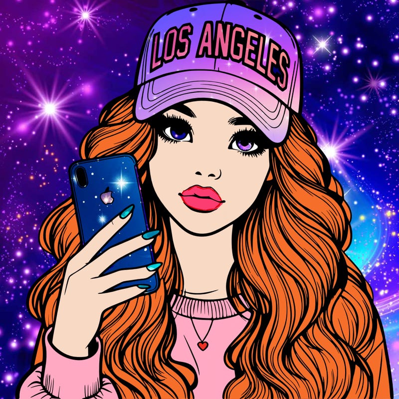 realistic beautiful girl wearing los ángeles cap holding an iphone