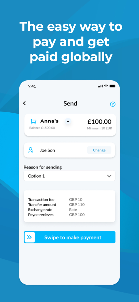 Interfaz de la aplicación MiFinity mostrando un resumen de transferencia de dinero internacional