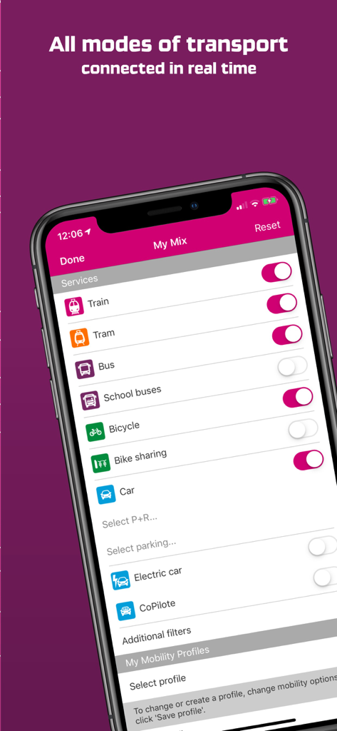 Mobiliteit.lu - Mobiliteit.lu app My Mix screen showing selectable transport modes including train tram bus and bicycle
