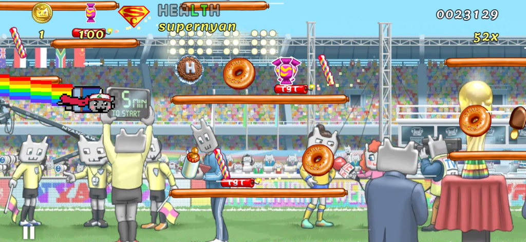 Nyan Cat: Lost In Space - Nyan Cat flying through a crowded sports stadium collecting donuts and candy in a pixel art game level.