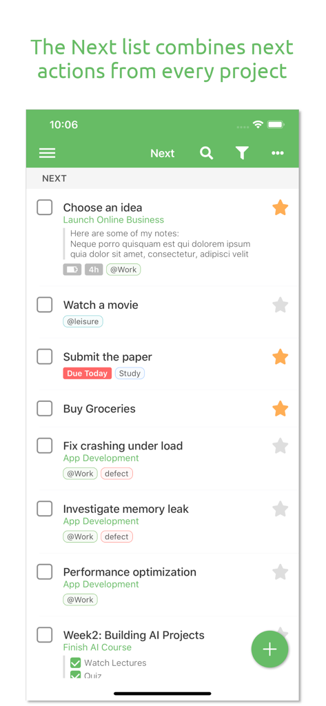 Everdo: GTD and To-Do List - Everdo app screen showing the Next actions list with project labels and context tags