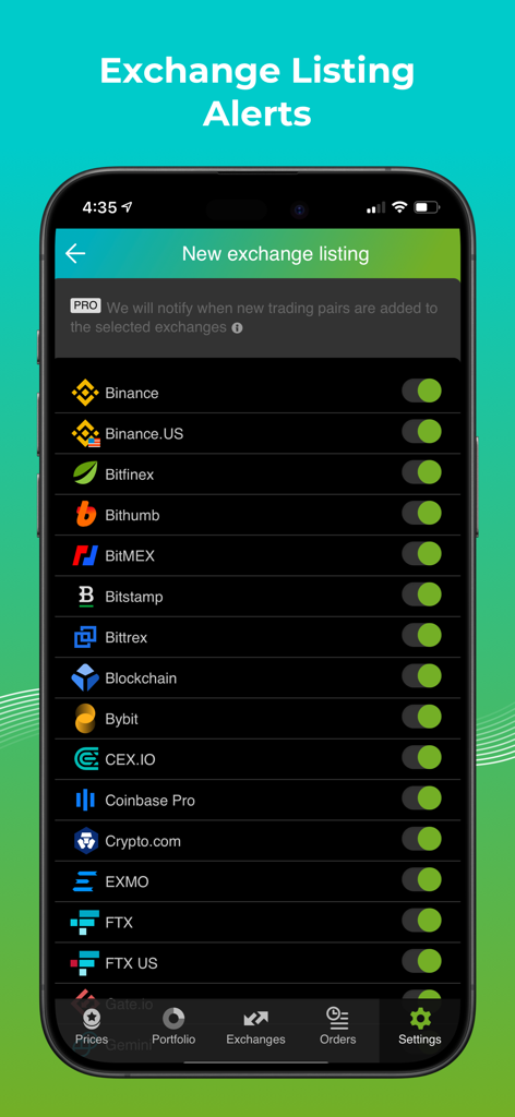 Good Crypto app interface showing toggle settings for new exchange listing alerts across various cryptocurrency platforms