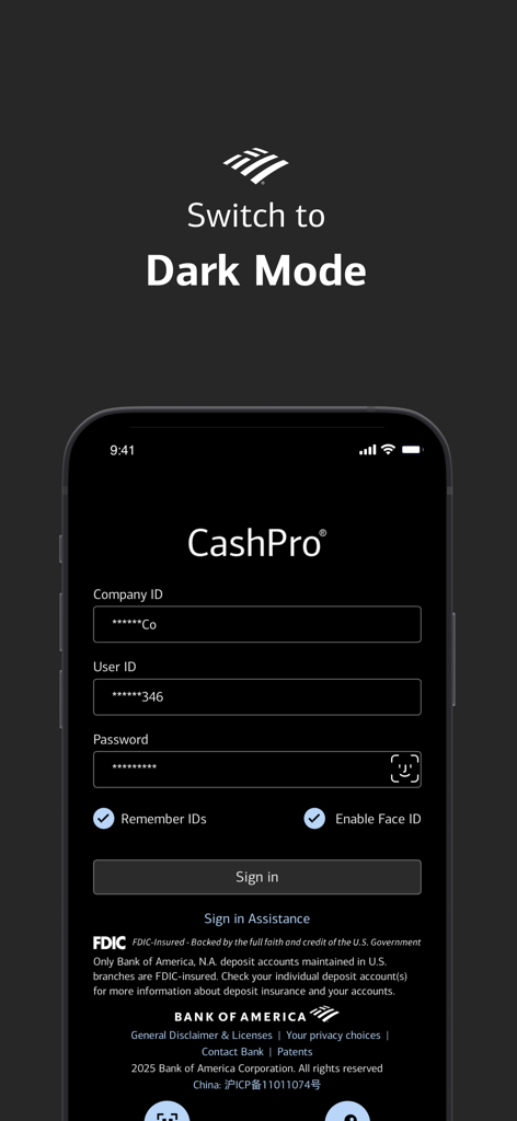 CashPro - CashPro mobile app login interface in dark mode with options for biometric sign in and user IDs