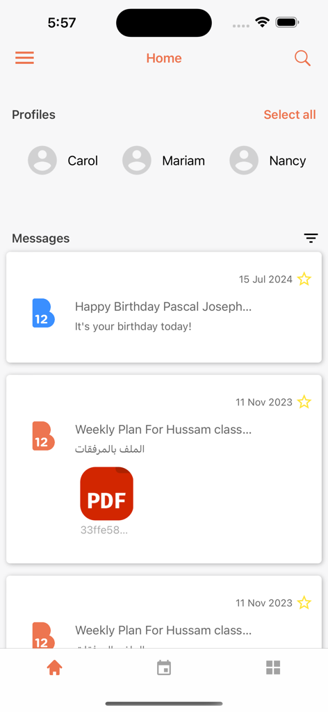 B12 App - Home screen of the B12 App showing child profiles and school messages.