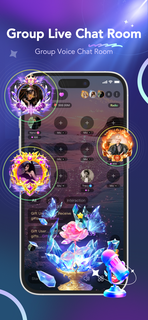 Nahki-Group Voice Chat & Party - Sala de chat de voz grupal de la aplicación Nahki que muestra regalos virtuales y marcos de perfil decorados